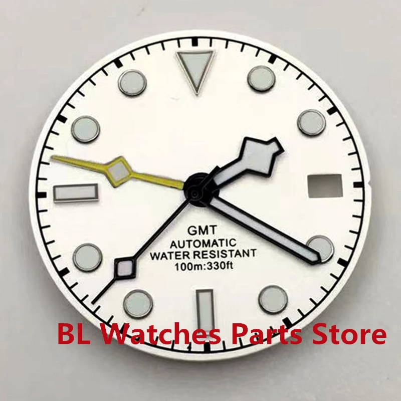 

BL 29mm Watch Dial Black White Blue Fit NH34 GMT Movement 4Hands Green Lumious 3 O'clock Crown Date Window
