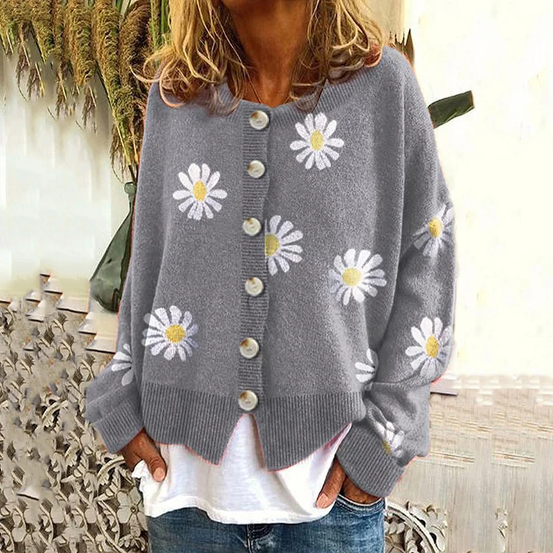 

Autumn Winter Casual Knitted Outerwear Women Elegant Single-breasted Straight Sweater Coats Fashion Printed Long Sleeve Jackets