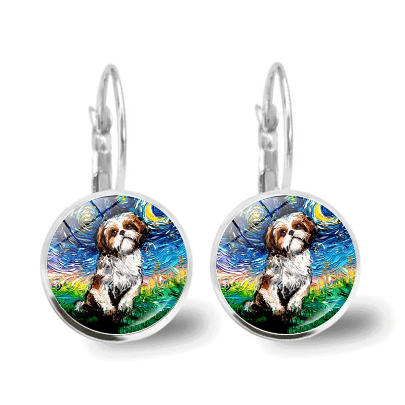 Popular Jewelry Glass Pendant Alloy Earrings Van Gogh The Starry Night Oil Painting Lovely Dogs Under Sky |