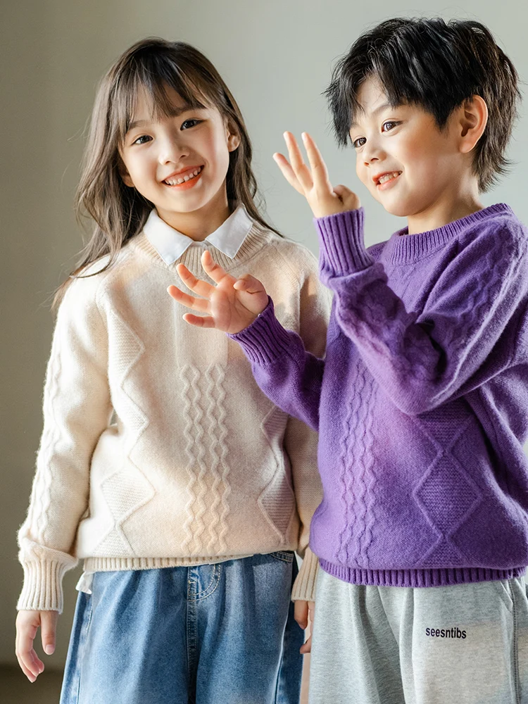 

Children's Pure Wool Thick O-neck Diamond Cable Pullover Boys Girls Kid 100% Au Merino Heavy Sweater Teenager Tops Jumper Winter