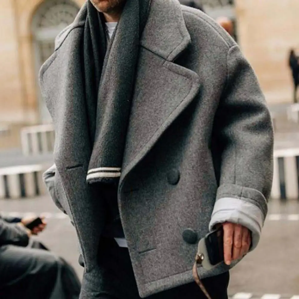 

Женское зимнее шерстяное пальто для мужчин, Стильное мужское двубортное зимнее пальто с лацканами и длинными рукавами, однотонная верхняя одежда с карманами