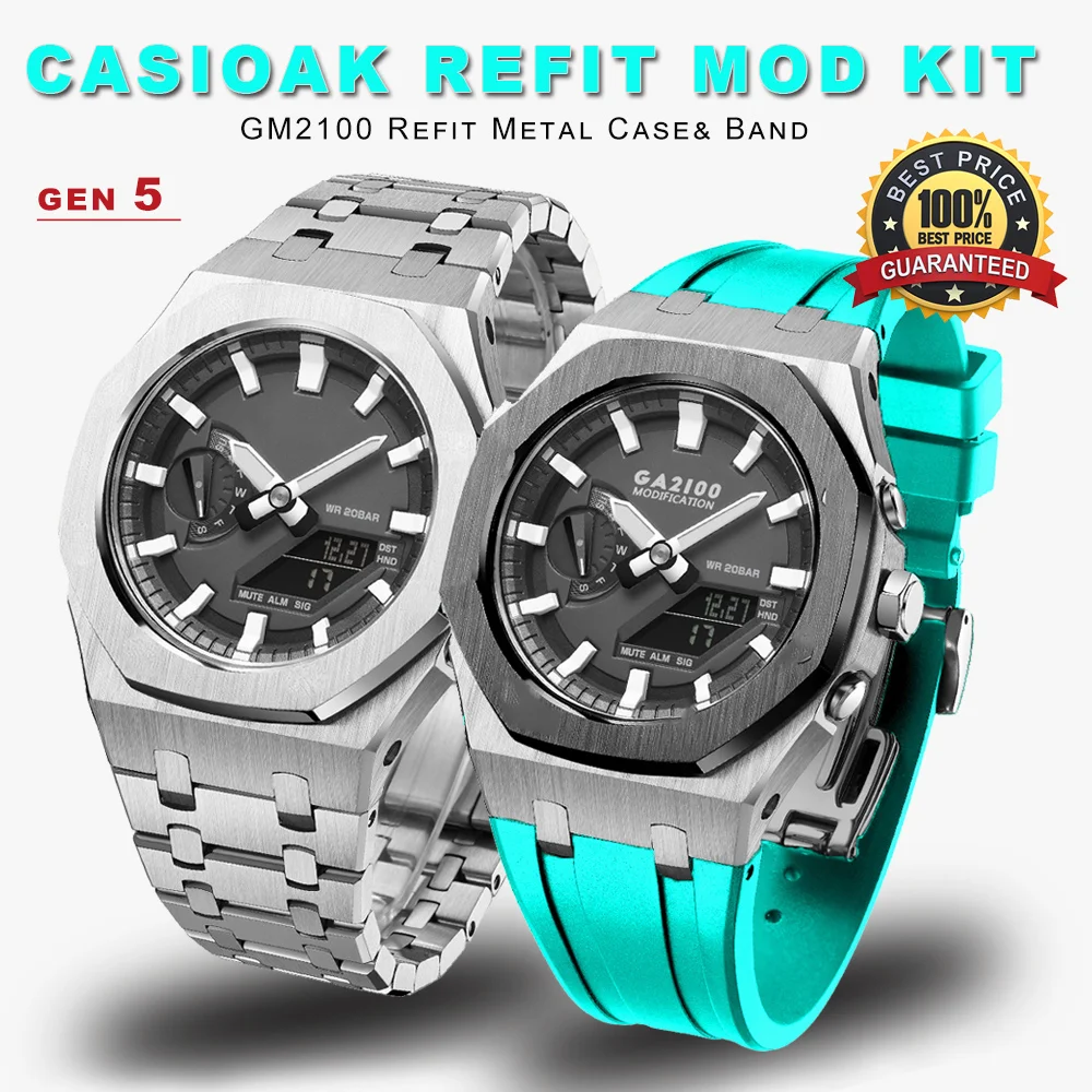 

Casioak Mod Kit GM2100 Metal Bezel Case for G shock Modification Kit Rubber&Steel Set Watch Rubber Strap for GM2100 Metal Band
