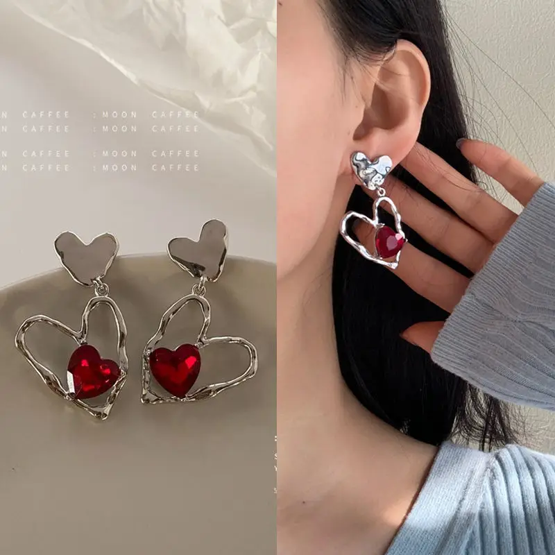 

2022 New Earrings for Women Double Layer Dangle Earrings Fashion Jewelry Female Red Gem Rhinestone Earrings Delicate Eardrop