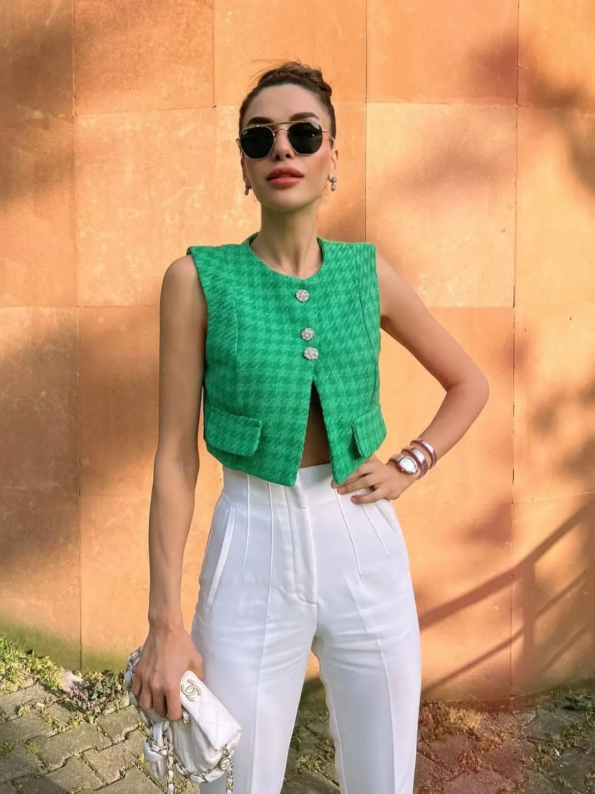 

Summer Women's Green Houndstooth Print X-neck Single-breasted Short-sleeved Vest Top With Slit Design Sexy Chic British Style