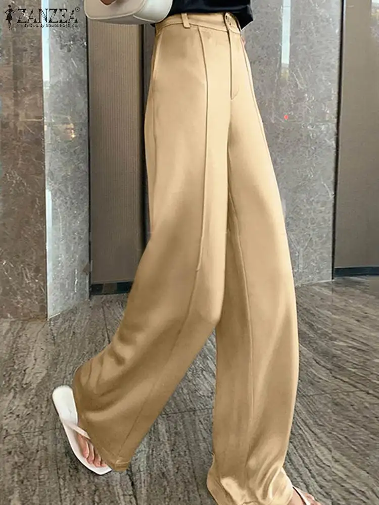 

ZANZEA Versatile Glossy Straight Trouser Women Summer Wide Leg Pants Casual Fashion Long Bottoms Vintage Satin Oversize Pants