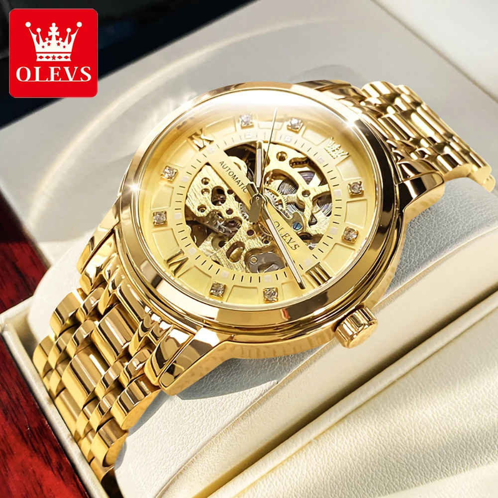 

OLEVS 9901 Luxury Golden Hollow Automatic Mechanical Watch for Men Fashion Waterproof Luminous Stainless Steel Man Wristwatches