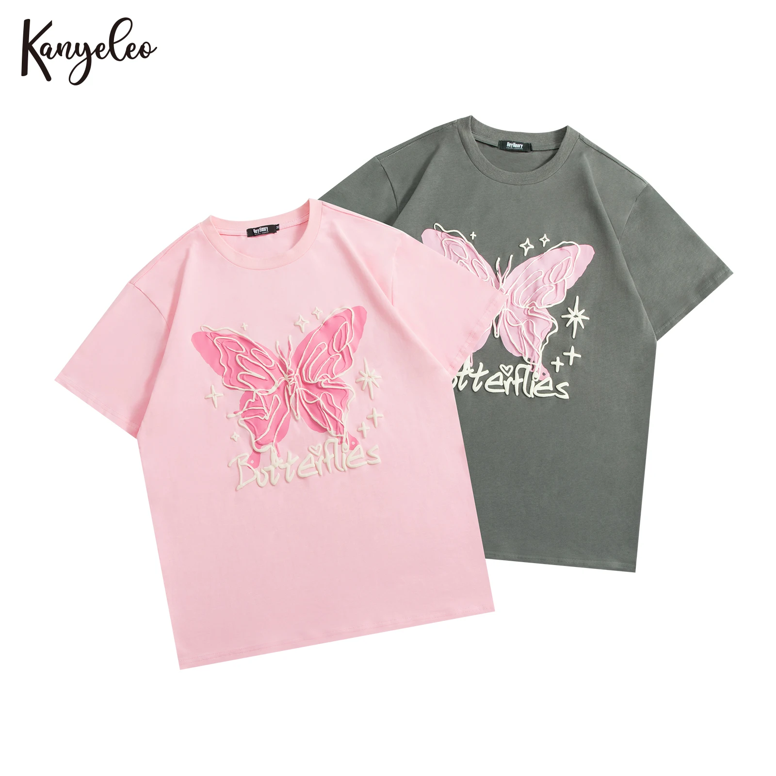 

KANYELEO Summer Youth Students Casual Couple Tops Tide Butterfly Foam Printed Short-sleeved T-shirt Men 100% Cotton