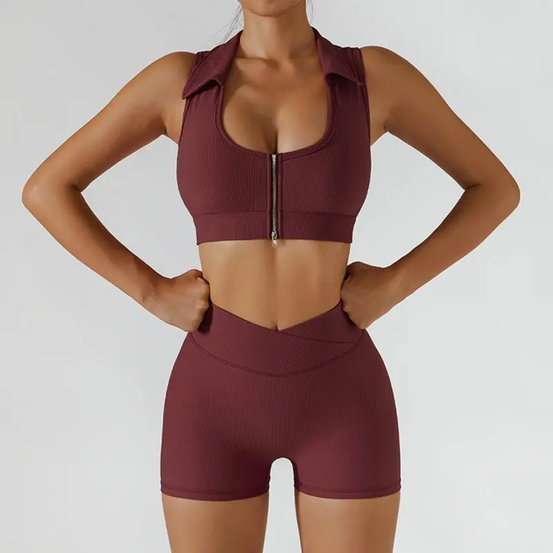 

Seamless Women Yoga Set 2PCS Workout Set Sport Pants Zipper Bra Gym Suits Fitness Shorts High Waist Running Leggings Sports Sets
