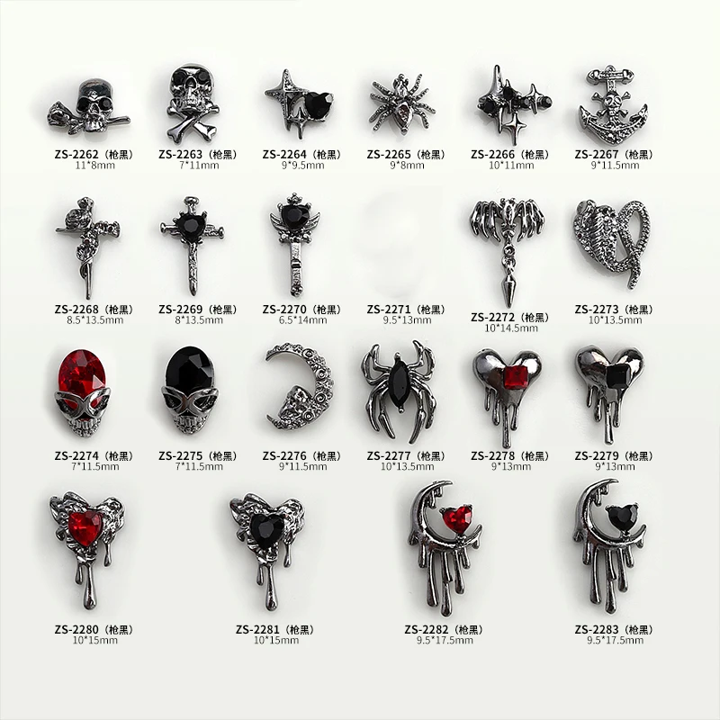 10PCS Punk Black Red Diamond Skull Cross Heart Spider Anchor Starlight Gun Black Alloy Nail Art Rhinestones Manicure Decorations