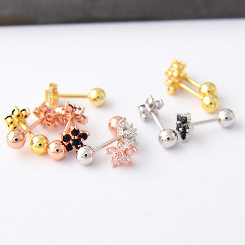 

0.8mm*6mm Ear Studs Fashion Earrings Female Zircon Earrings Small Flower Titanium Steel All-match Small Ear Bone Stud Earrings