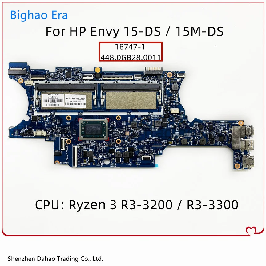 

L53873-001 L53873-601 For HP Envy X360 15-DS 15M-DS Laptop Motherboard 18747-1 Mainboard With R3-3300 CPU DDR4 100% Fully Tested