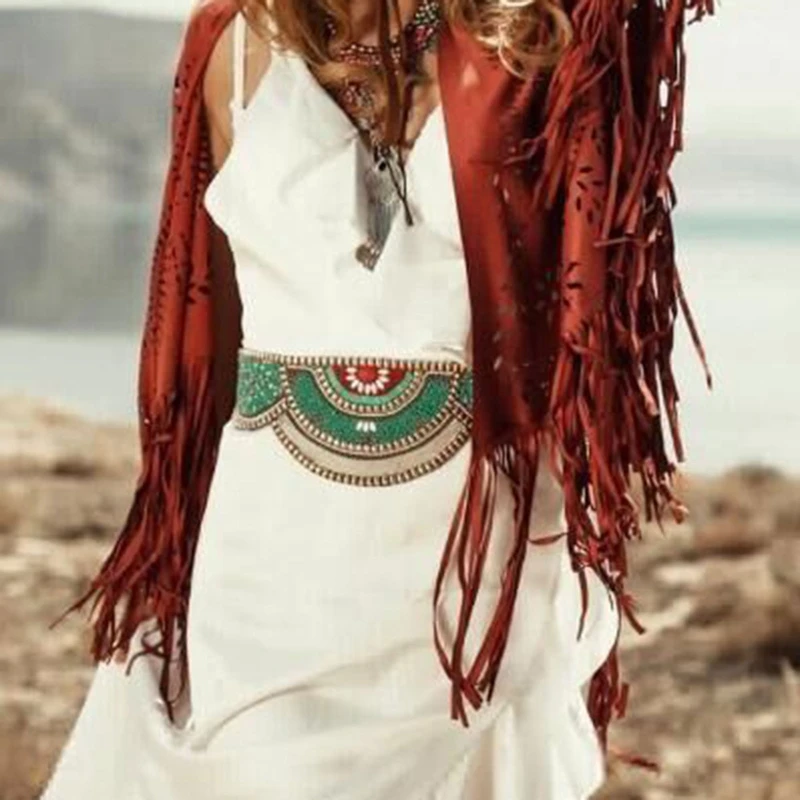 

Women Metal Beaded Waist Belts Adjustable Snap Buckle Boho Style Skirts Belt