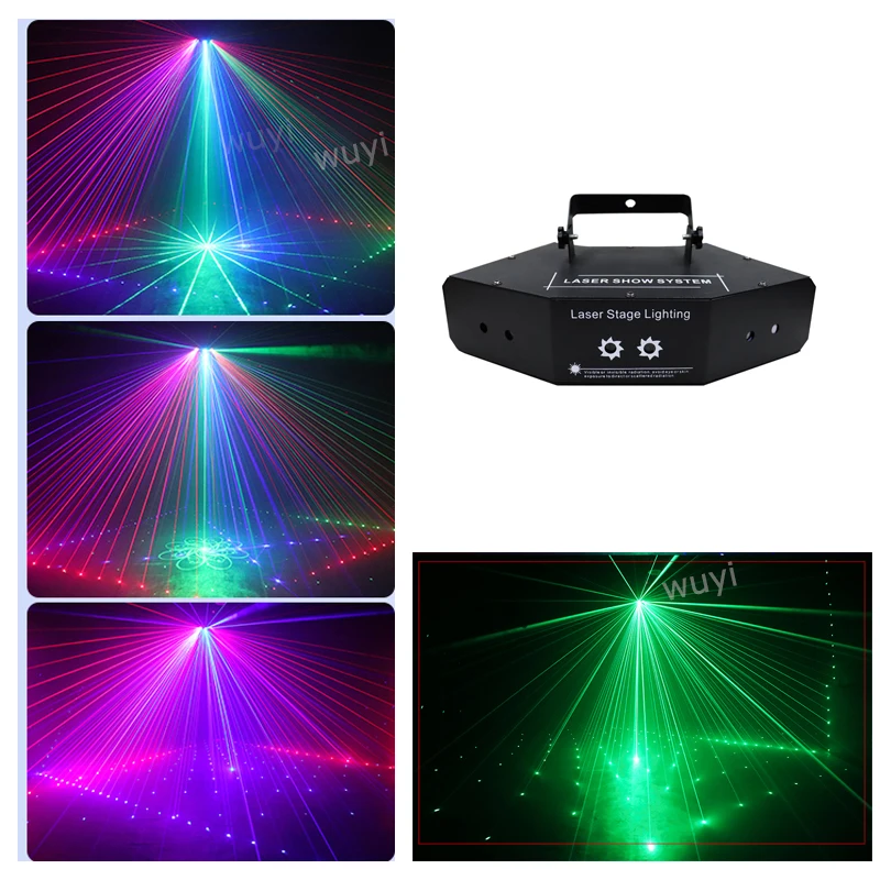 

Six Eye LED Fan Shaped RGB Laser Red Green Blue Scanning Beam Light KTV Bar Colorful Lines with Pattern Flash Sound Auto DMX512