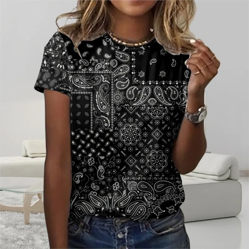 

Medieval retro style geometric pattern stitching cashew nut flower summer new casual vacation ladies T-shirt