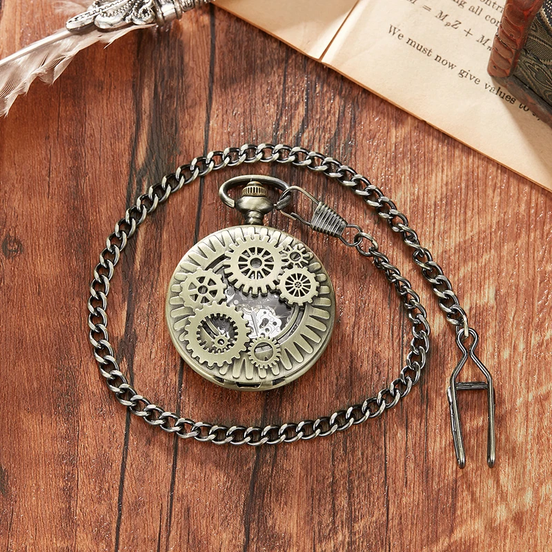 Luxury Gear Mechanical Clock Vintage Man Pocket Watch with Fob Chain Steampunk Skeleton Watches for Men Chinese Factory Pendant