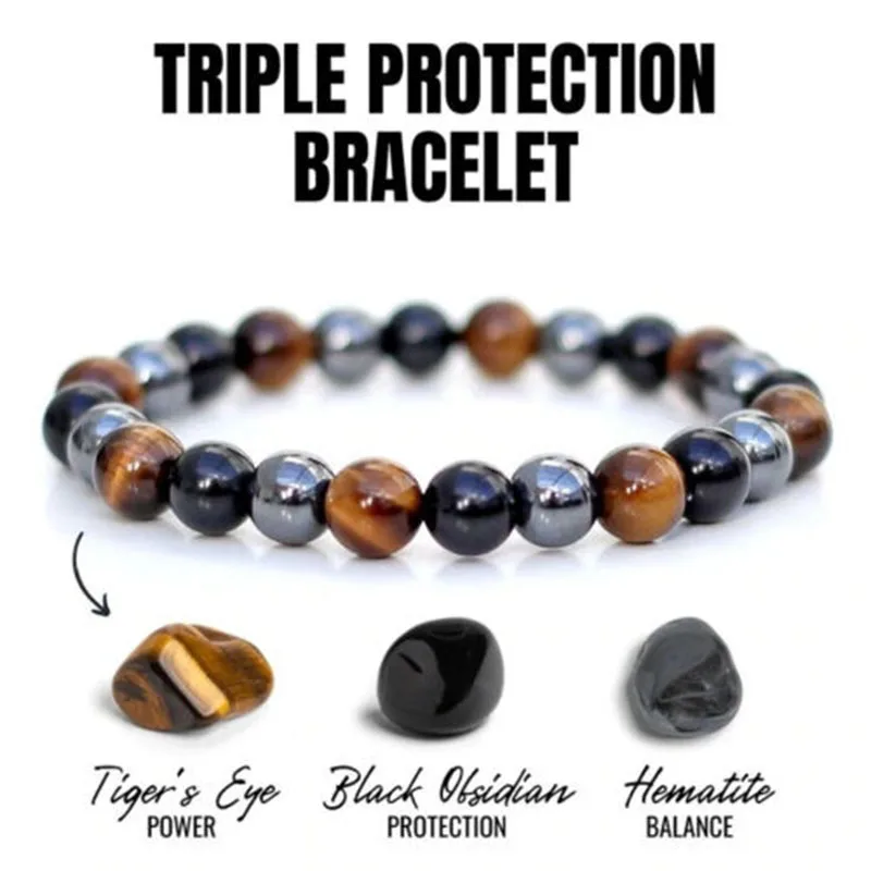 

Energy Healing Stretch Bracelet Natural Stone Obsidian Tiger Eye Hematite Bracelet Triple Protection Bangle Women Men Jewelry