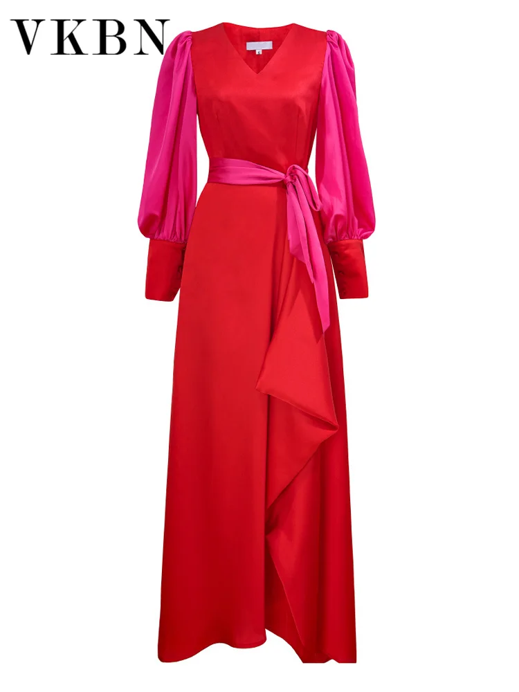 VKBN News Spring Dresses for Women Party Lantern Sleeve V Neck Female Red Dress Elegant Vestidos De Fiesta High Quality