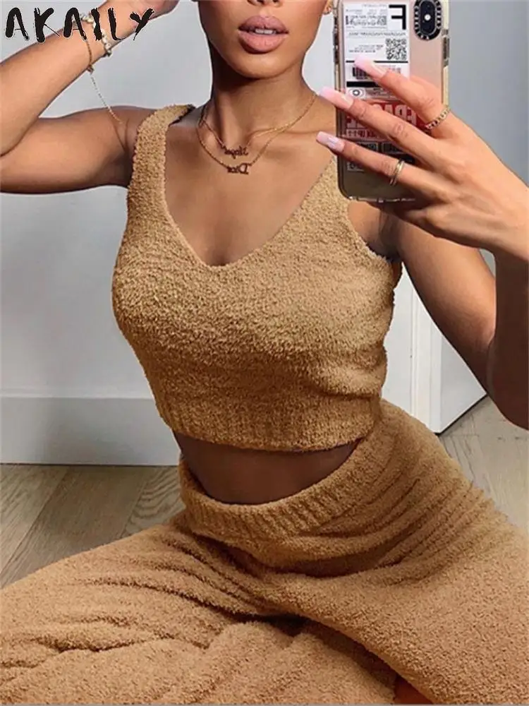 

Akaily Fall Winter Fleece 2 Two Piece Sets Womens Casual Outfits 2022 Sleeveless Sweater And Flare Pants Sets Ladies Streetwear