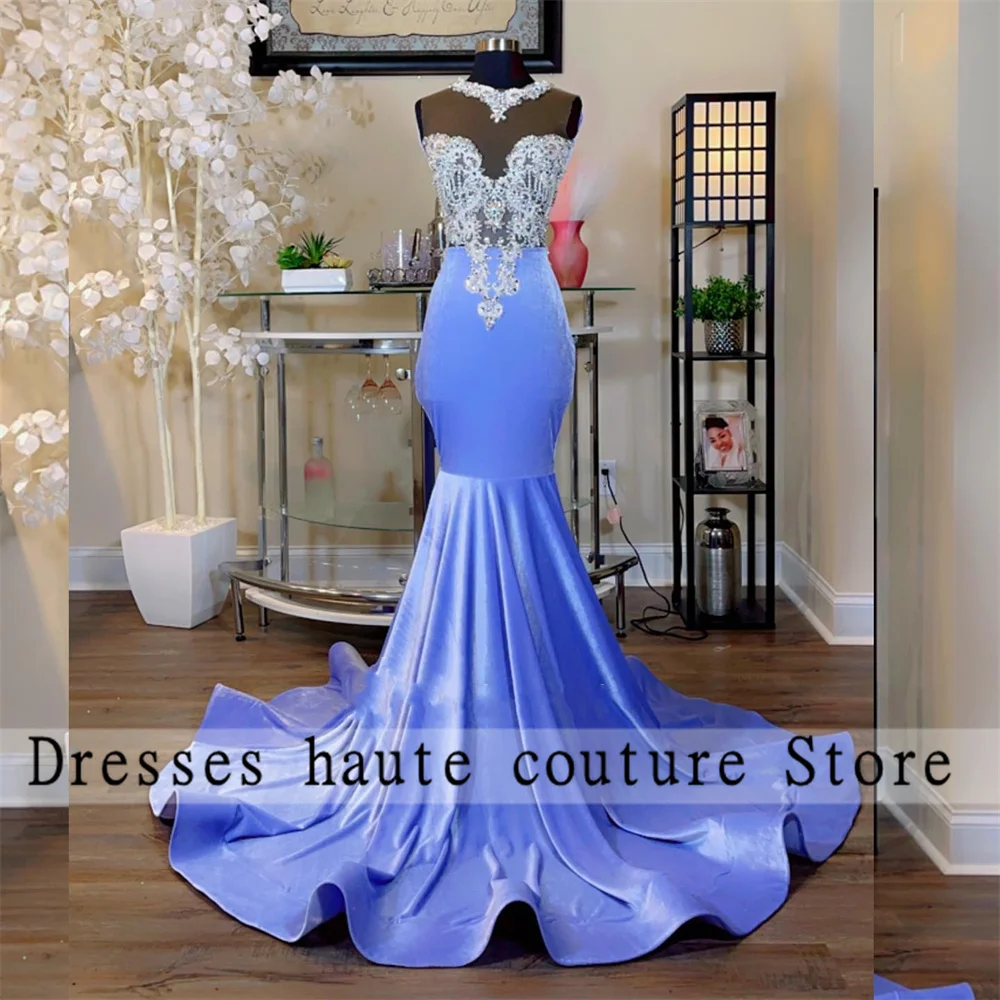 

Elegant Sky Blue Velvet Prom Dresses 2023 For Black Girls Beaded Mermiad Birthday Party Dresses Formal Evening Dresses