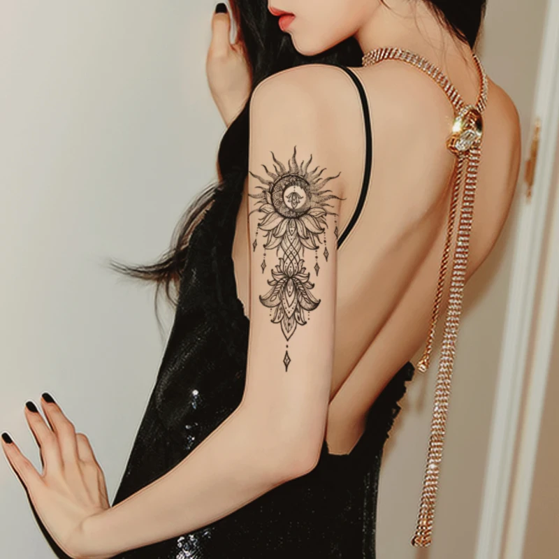 

Temporary Tattoo Sticker Sanskrit Flower Sun Moon Totem Sketches Tattoo Designs Sexy Girls Model Tattoos Arm Leg Black Stickers