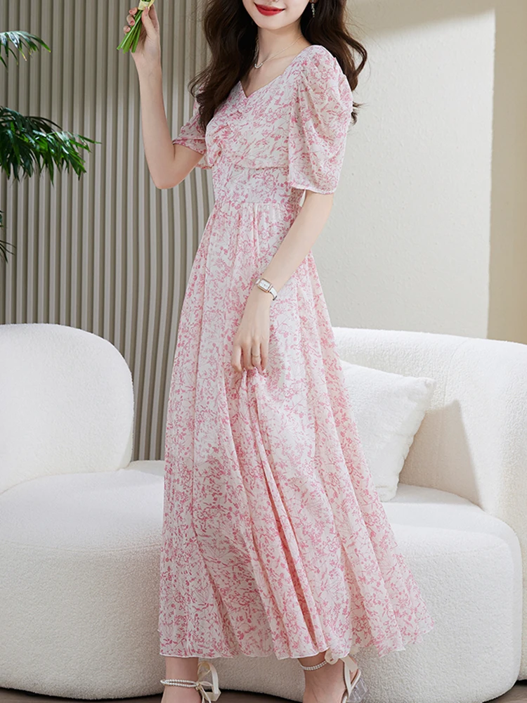 Женское шифоновое платье с коротким рукавом и V-образным вырезом