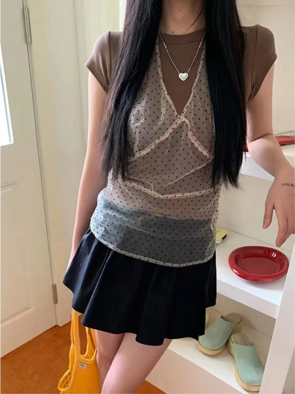 Корейский стиль Instagram кружевное волнистое платье на бретельках женское Сетчатое