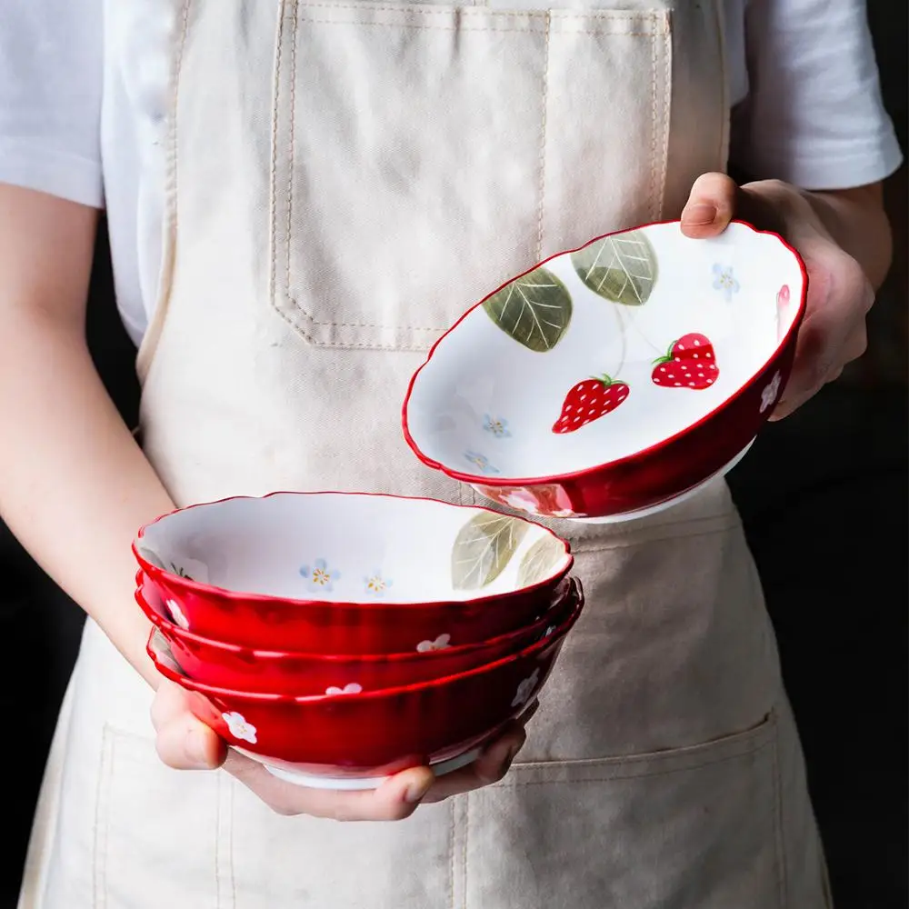 

6Inch Strawberry Ceramic Salad Bowls Dessert Bowl Soup Noodle Bowl Heat Resistant Microwave