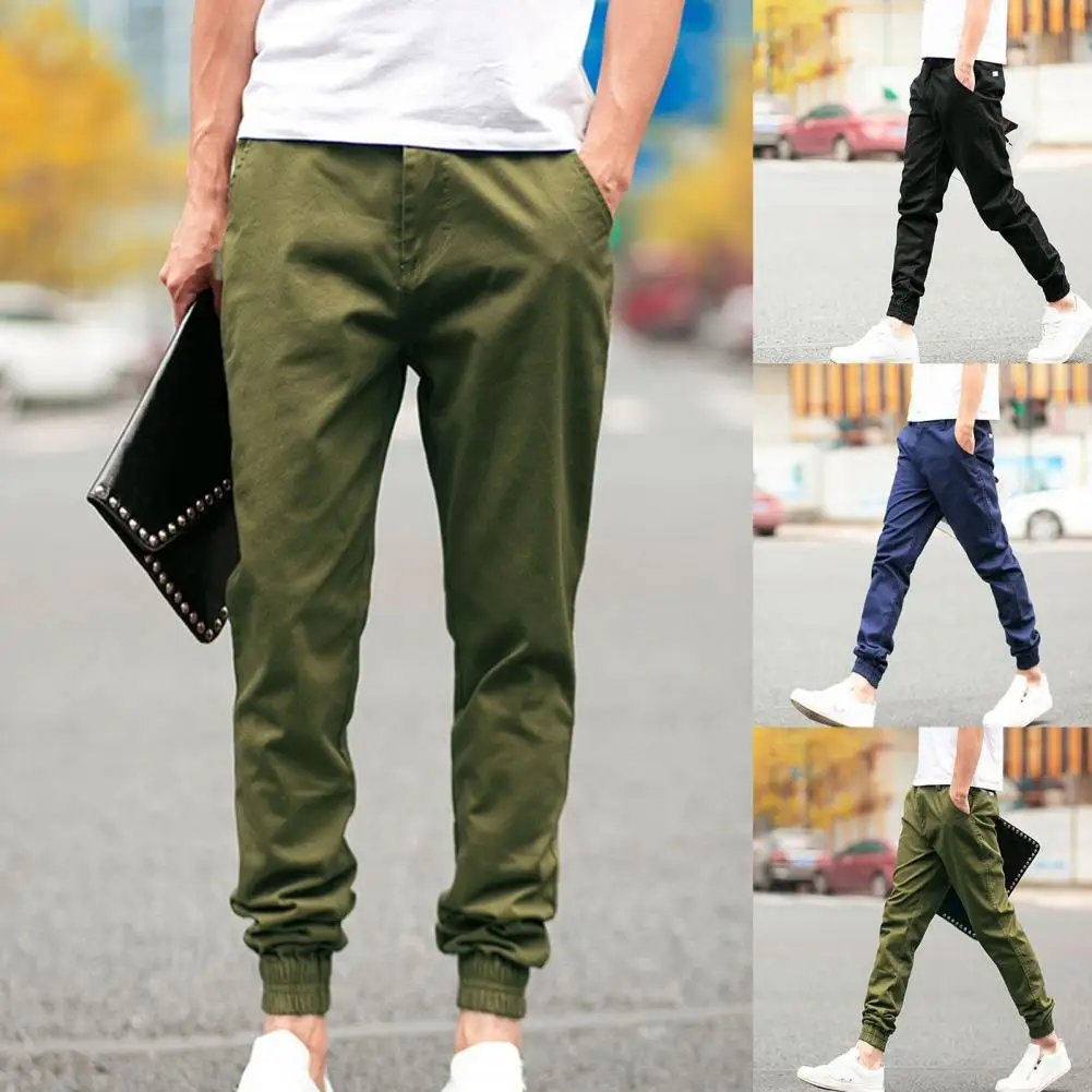 

Men Trousers Solid Color Ankle Tied Spring Autumn Pure Color Patch Cargo Harem Ribbons Black Hip Hop Pencil Pants for Daily Wear