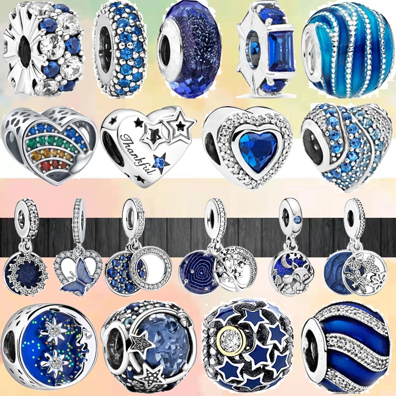 

2022 New Sky Blue Butterfly Stars Moon Heart Pavé Pendant Beads Fit Original Pandora Charms Silver Color Bracelets Women Jewelry