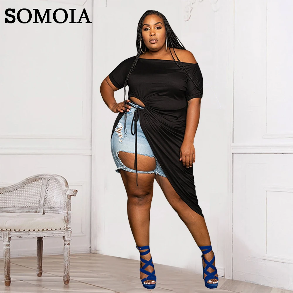 

SOMOIA Plus Size Women Clothing Sexy Irregular Solid Color Short Sleeve High Waist Elegant Party Dress Wholesale Dropshipping