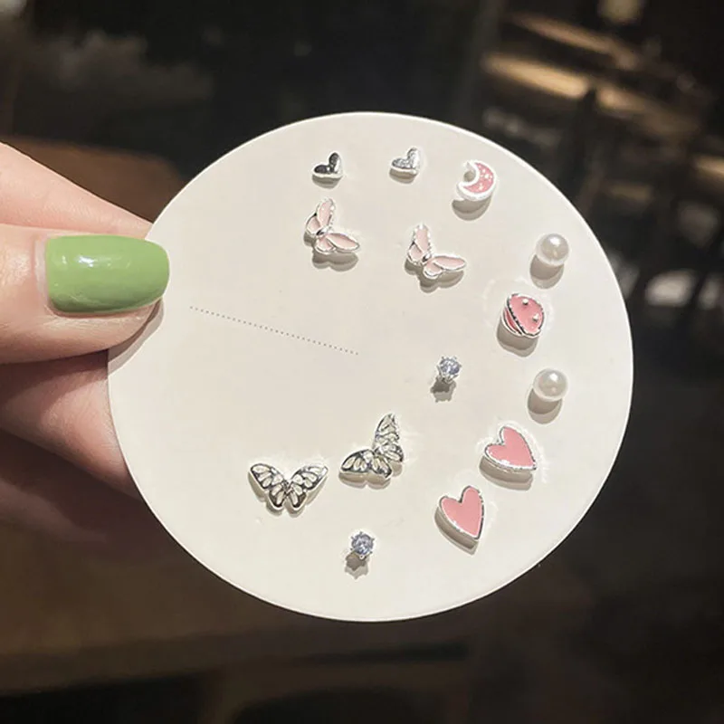 

Korean Sweet Stud Earring Set For Women Butterfly Pearl Heart Flowers Feather Moon Planet Earrings Girl Wedding Party Jewelry