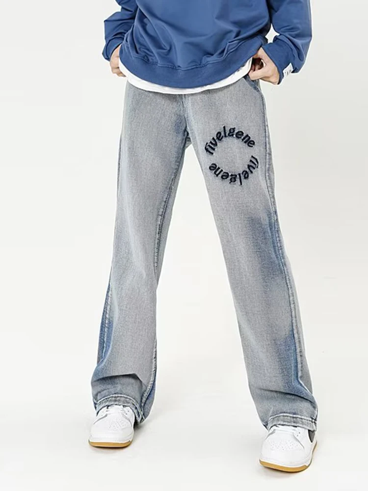 Embroidered Letter Tie Dye Wash Jeans For Men American Fashion Brand Loose Straight Trousers Casual Micro Flared Jeans For Men
