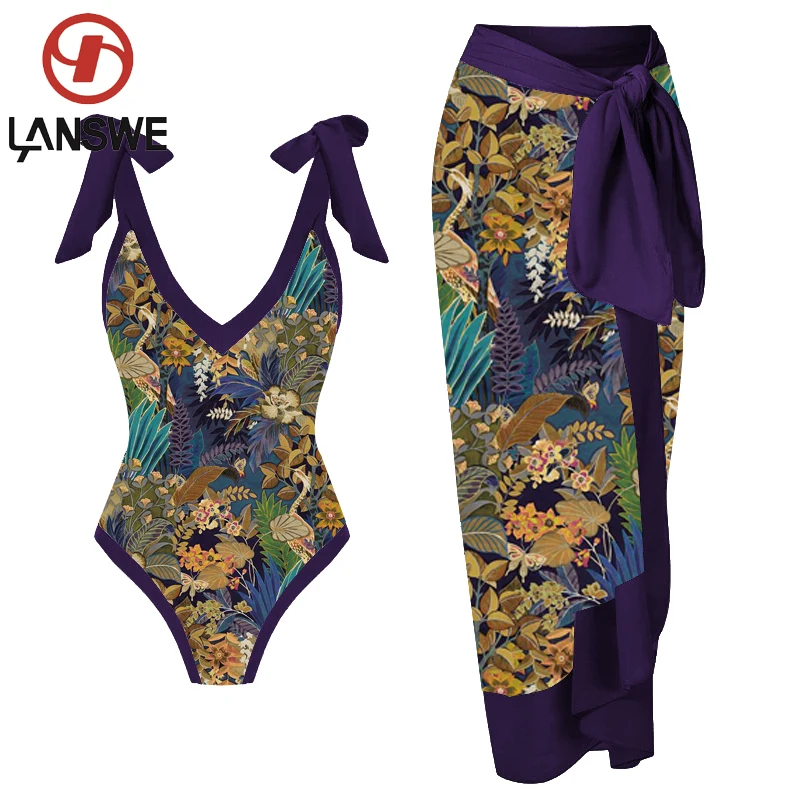 LANSWE Printed Simple Fashion One Piece Micro Monokini Sexy Swimsuit White Boho Printed Swim Swimwear Women Bandage Bathing Suit