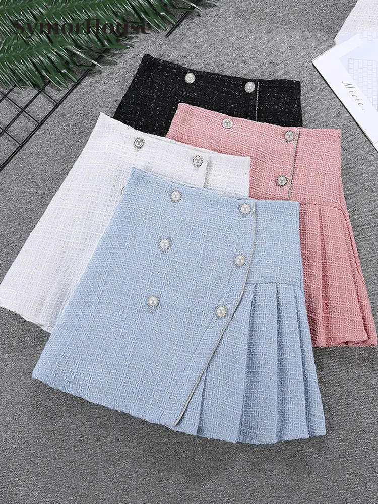 

Женская твидовая короткая юбка с высокой талией, плиссированная трапециевидная юбка, двубортная шерстяная мини-юбка, весна-осень-зима