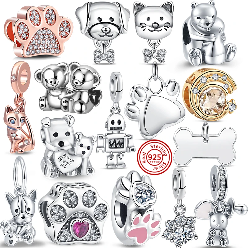 

New Pet Paw Print Pave Charms Bead Cat Bear Robot Fit Original Pandora 925 Sterling Silver Diy Bracelets Women Jewelry