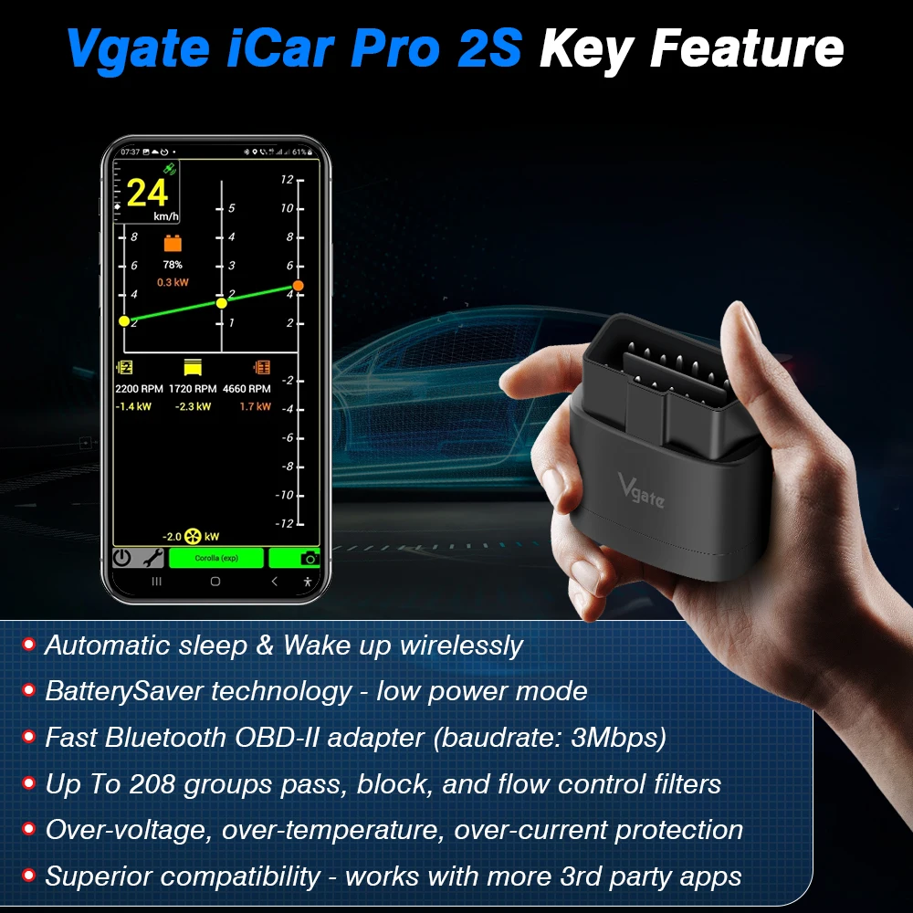 Фото Vgate ICar Pro 2S ELM327 V2.3 BT5.3 Беспроводной сканер OBD2 для диагностики автомобилей с поддержкой диагностики электромобилей №4