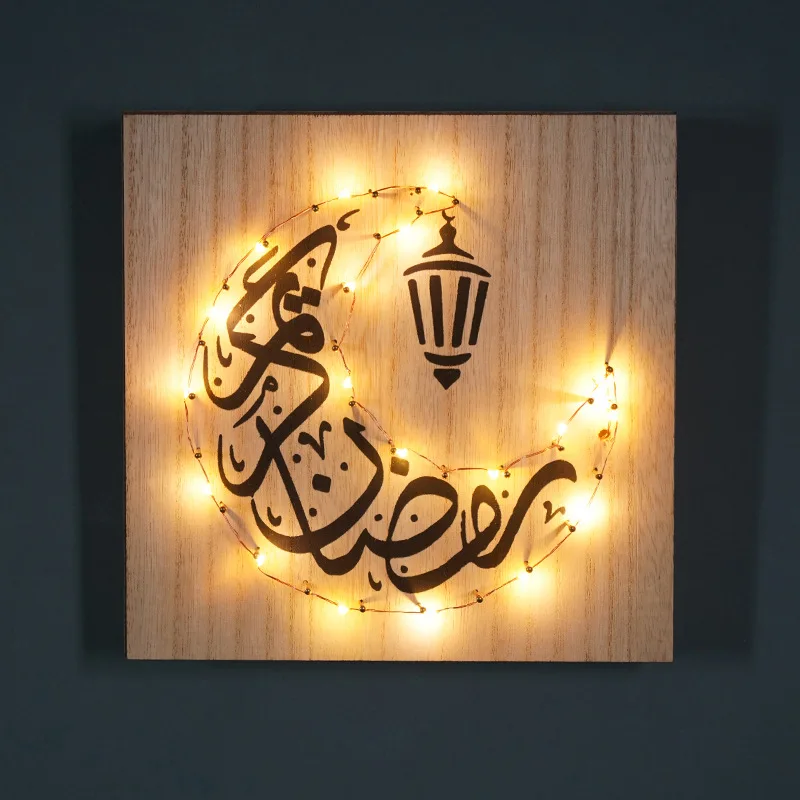 

Islam Ramadan Wooden Moon Star Lights Hanging LED Plaque Sign Lantern Pendant Ornament Wall DIY Home Decoration for Eid Ramadan