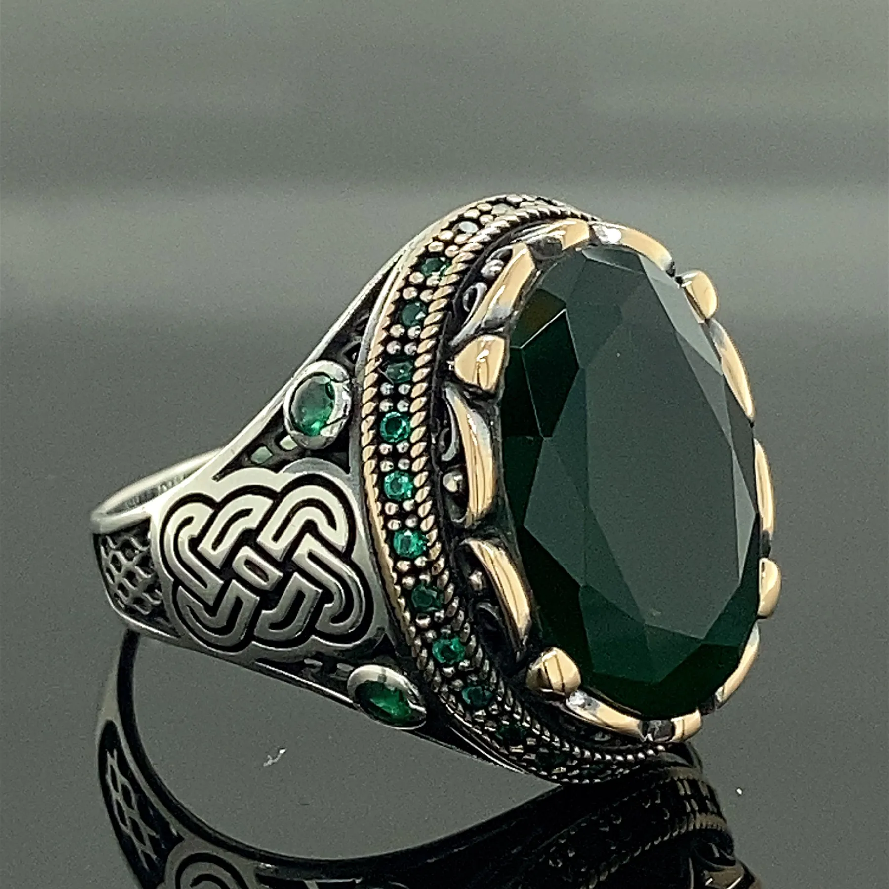 Man Handmade Ring , Emerald Stone Ring , Green Stone Ring , Ottoman Style Men Ring, Gift for Him, 925k Sterling Silver Ring