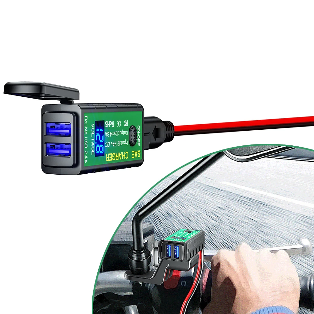 

Motorcycle Handlebar Charger 12V SAE to Dual USB Fast Charging Adapter 3.1A/4.8A TYPE-C for Phone with Voltmeter On/Off Switch