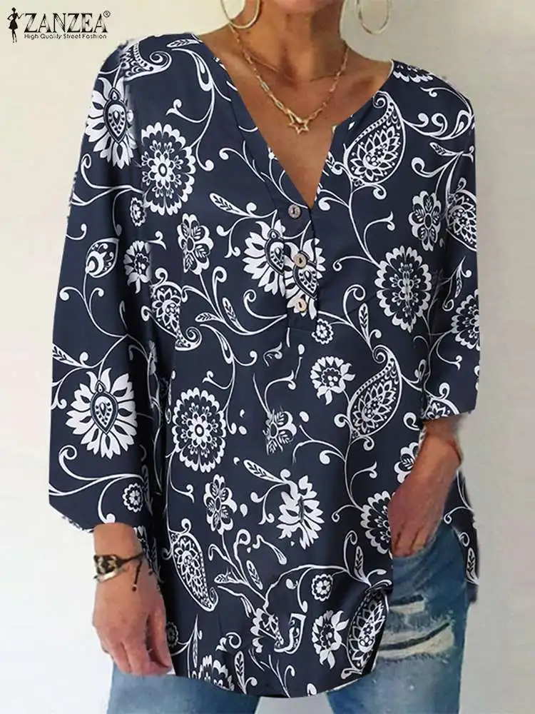 

Fashion Women Floral Printed Shirt ZANZEA Summer V Neck Long Sleeve Blouse Casual Holiday Party Blusas Oversize Tunic Tops Mujer