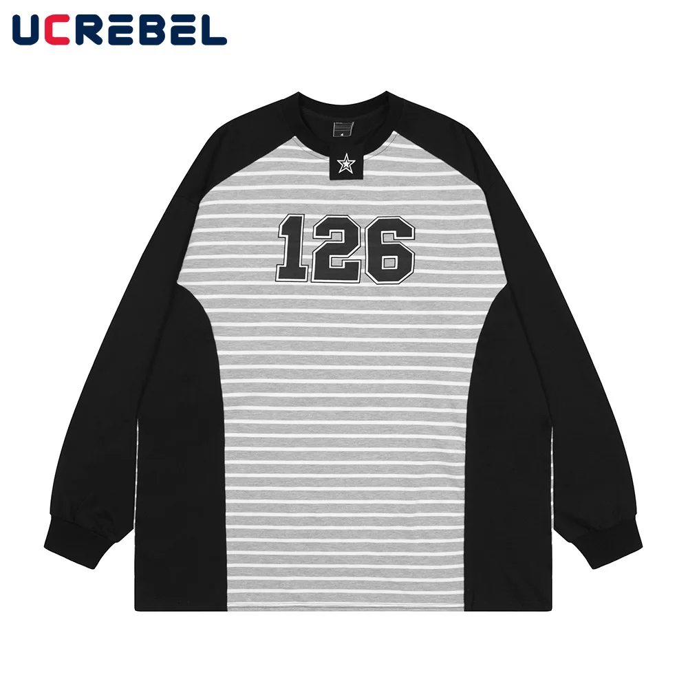 

Color Block Long Sleeve T-shirt Mens Striped Loose Casual Drop Shoulder Autumn Streetwear Letter Print Round Neck Top