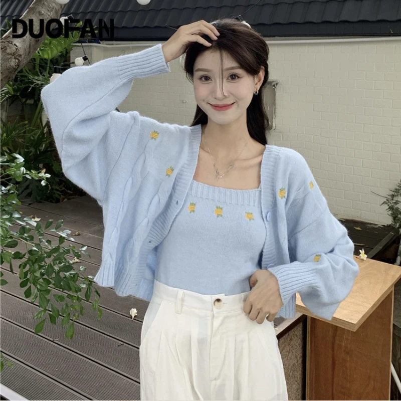 

Женский трикотажный Костюм-двойка DUOFAN, элегантный однобортный Кардиган с вышивкой и длинным рукавом, верхняя одежда на осень