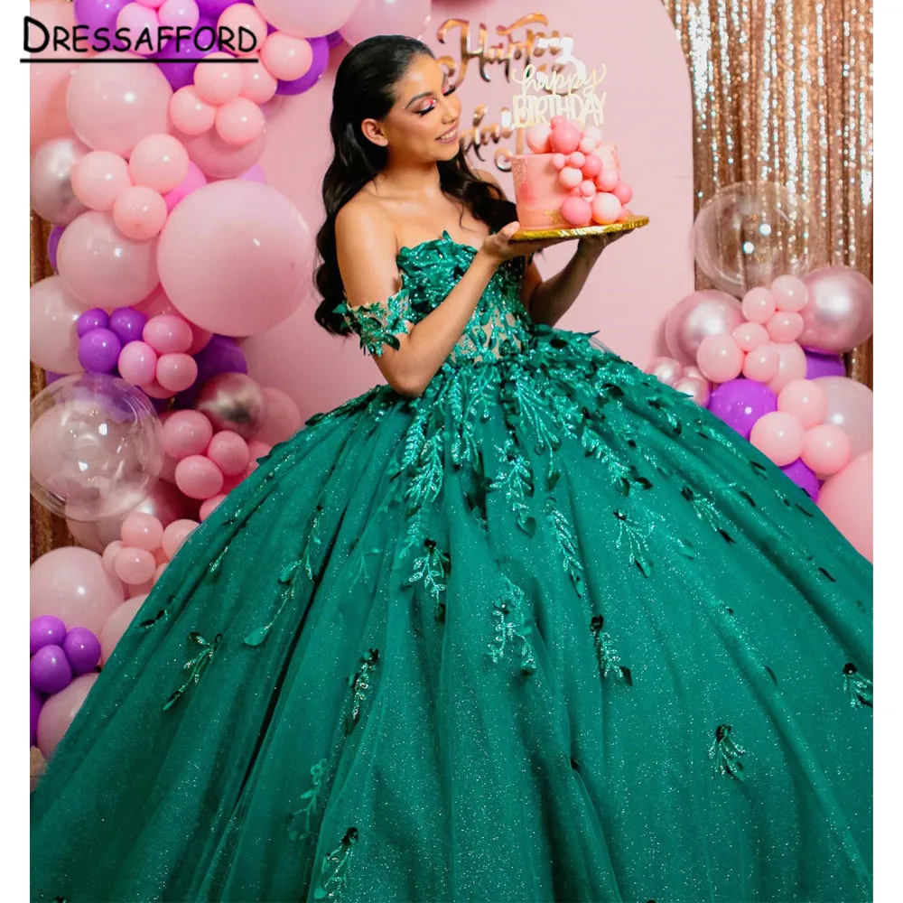 

Vintage Appliques Green 3D Flowers Quinceanera Dresses Ball Gown Corset Princess Dress vestidos de quinceañera