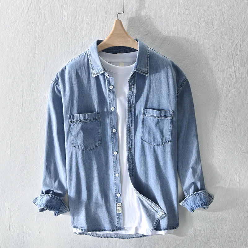 

Casual Mens Denim Shirts Pure Cotton Long Sleeve Button Up Shirt Vintage Blue Blouse Classic Pocket Jean Jacket Chemise Homme