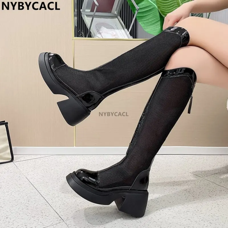 

Sexy V-mouth Summer Mesh High Boots Women's Breathable Mesh Net Knight Boots Thick Bottom Hollow But Knee Long Cool Casual Boots