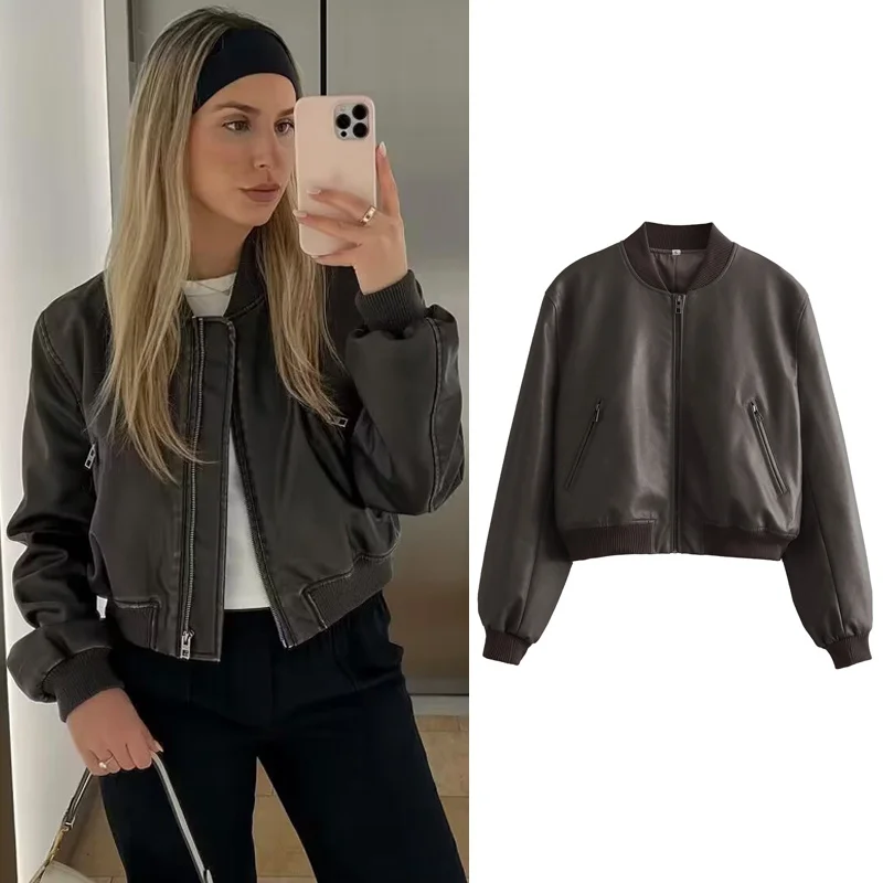 

Куртка-бомбер женская из искусственной кожи, винтажный шикарный короткий пиджак с воротником-стойкой, уличная одежда с длинным рукавом, 2023