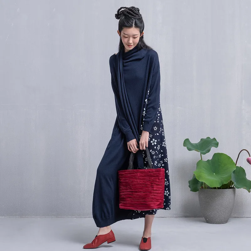 

A Life On The Left Women Blue Calico Dress Long Sleeve Loose Splice Knit Floral Print Retro Irregular Navy Long Skirt