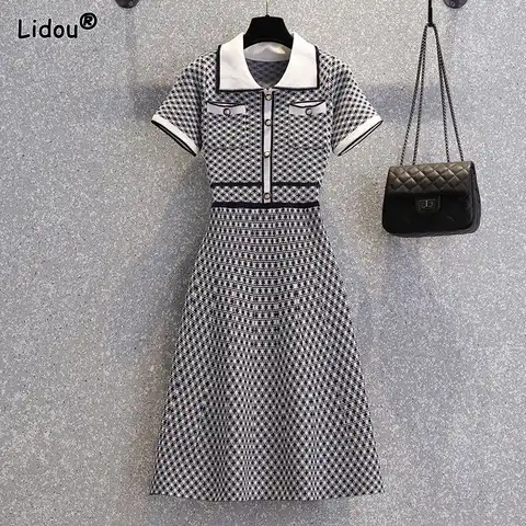 Summer Patchwork Pockets Dress Women's Clothing Korean Office Lady Fashion Turn-down Collar Empire Print Slender A-line Skirt