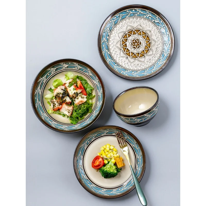 

Plate Set Nordic Bowl and Plate Combination Dish round Plate Household Rice Bowl Personalized Restaurant Microwaveable
