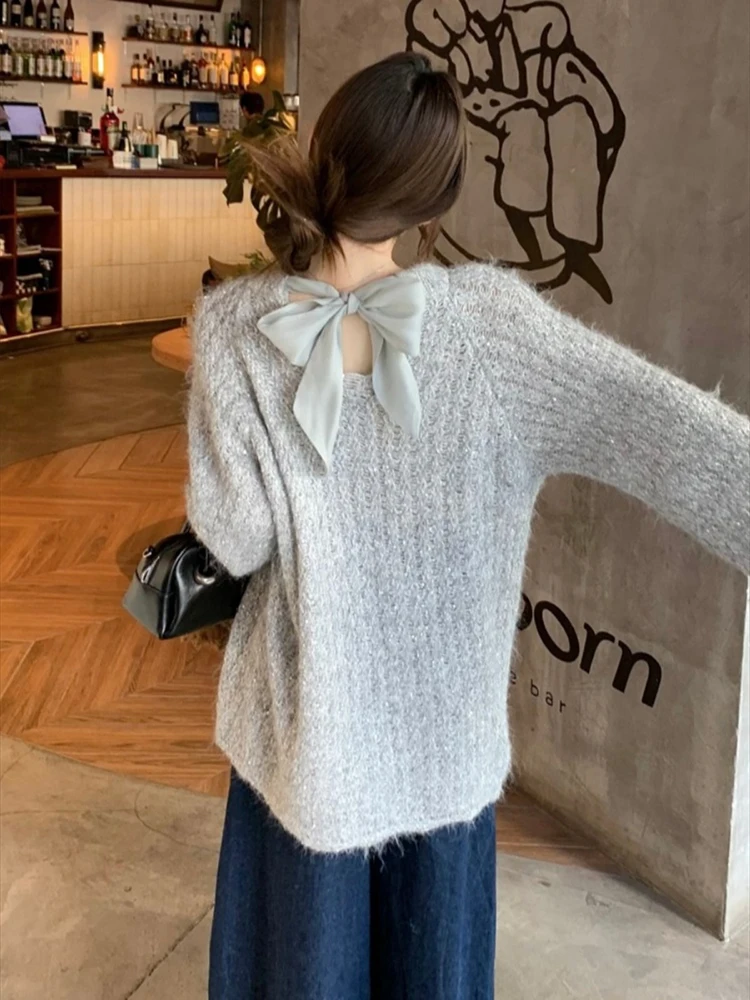 Осенне-зимний двусторонний свитер в корейском стиле с милым бантом женский